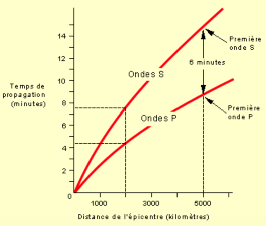 The time delay between the P and S waves grows with seismograph-epincenter distance. The measure of three independent seismographs allows thus to identify the location of the epicenter.